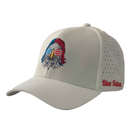 Product picture of a white performance hat with patriotic eagle on front and blue falcon written on the side.