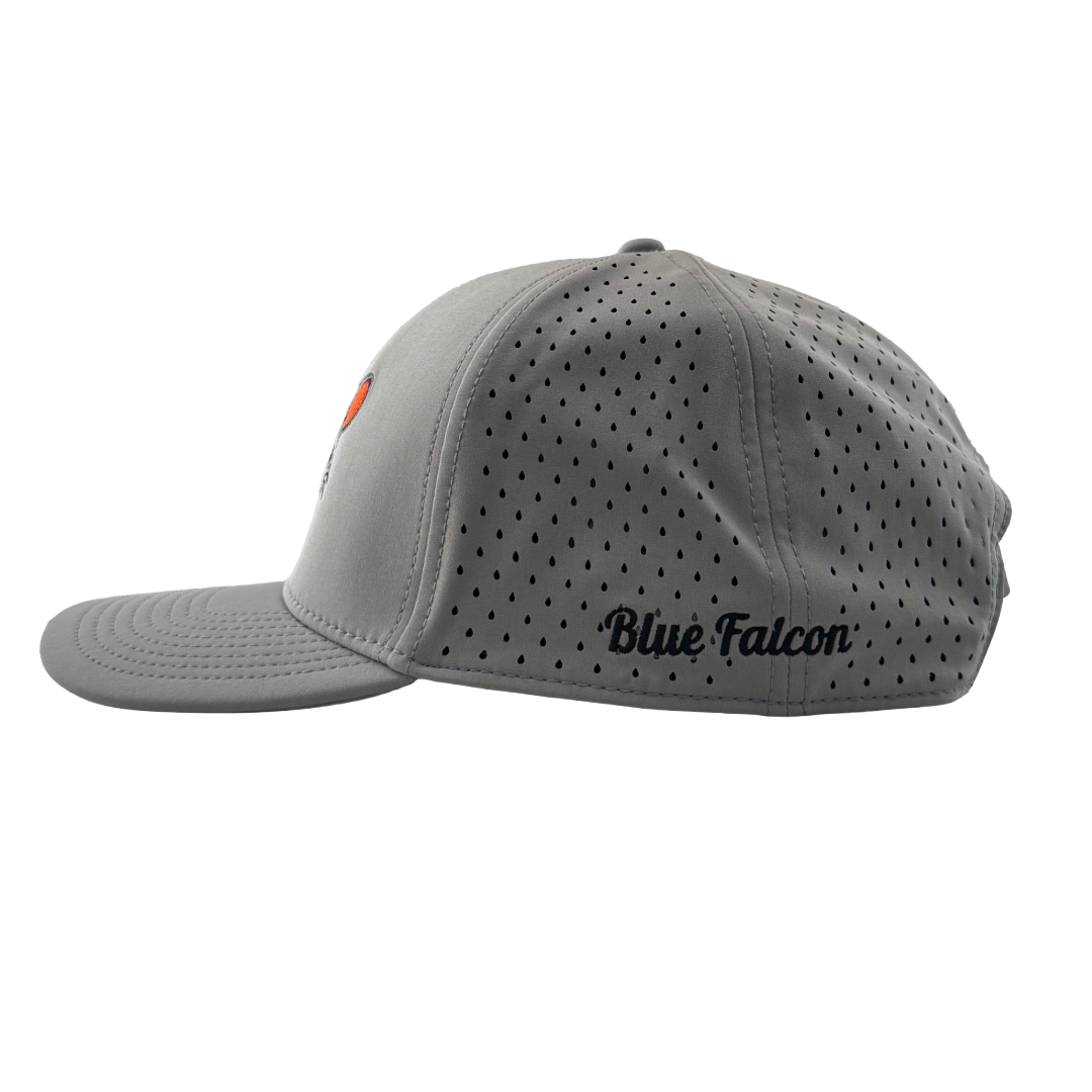 Gray cap with 'Blue Falcon' branding on a white background