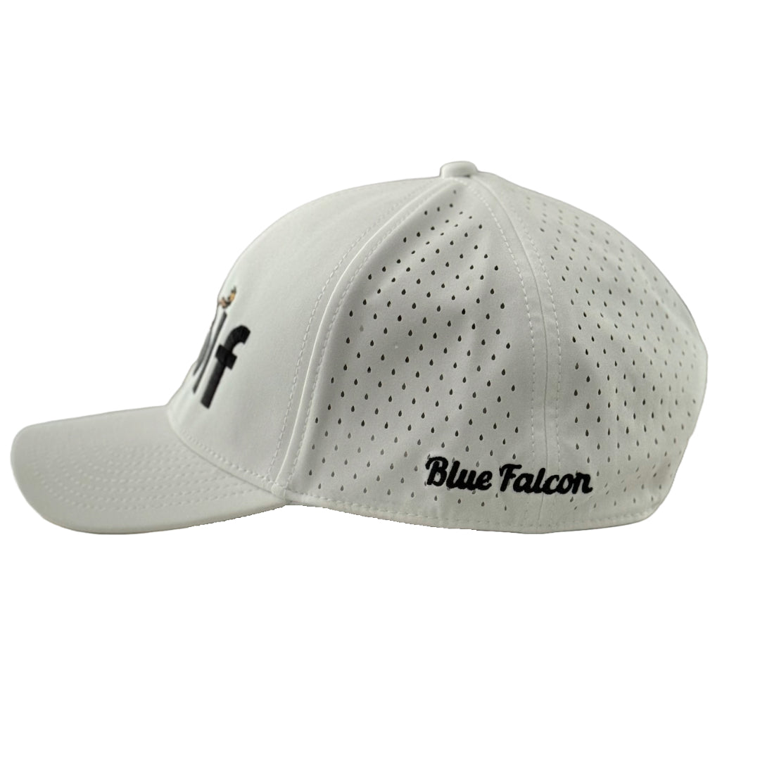 Side view of the "Birdie Bomber" hat displaying the stitching "Blue Falcon" in black on a white snapback hat.