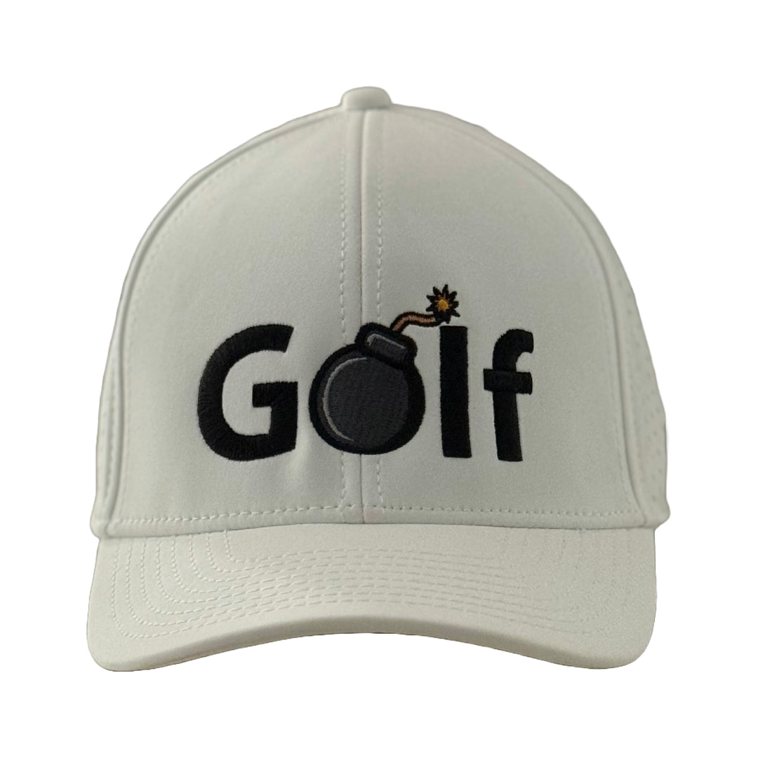 White snapback hat featuring the word "Golf" on the front in black stitching. It has a bomb in place of the letter "O". Up front, a clean four-letter word says it all. Let’s just say one of the letters packs a little extra punch.