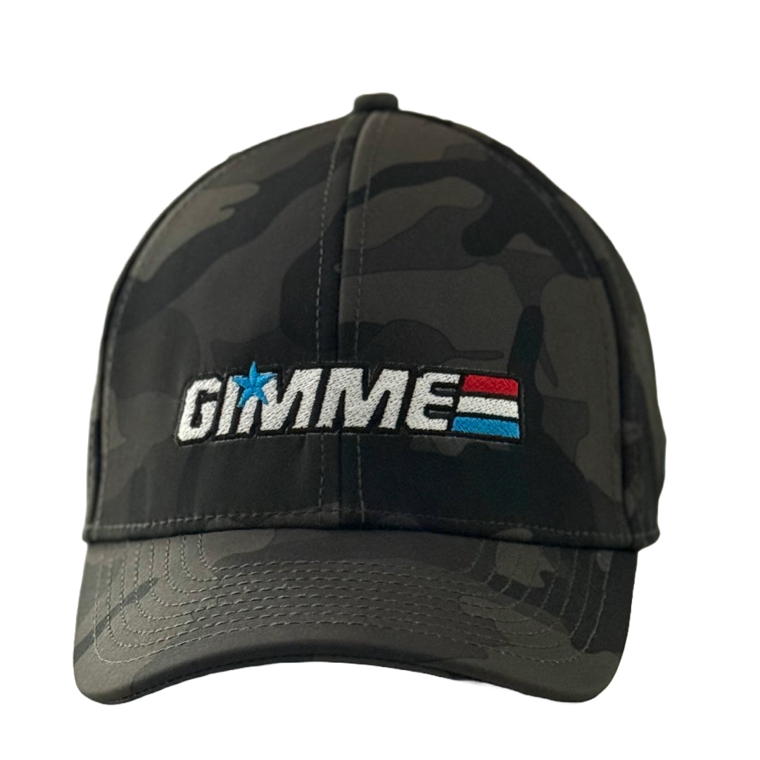 A snapback hat featuring a camouflage print with the word "Gimmie" on the front in a GI JOE style design.