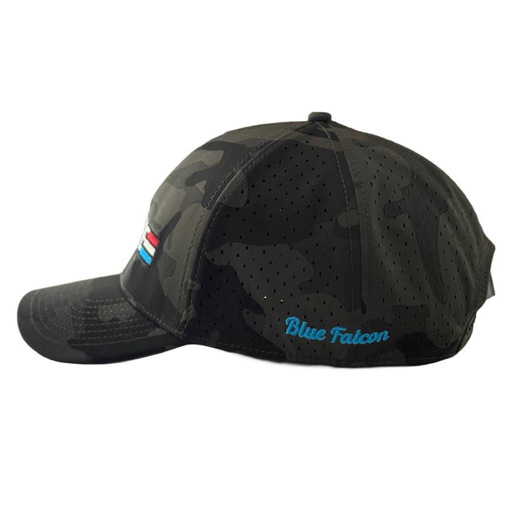 A snapback hat featuring a camouflage print with the word "Gimmie" on the front in a GI JOE style design. This is the side view displaying the Blue Falcon stitching in light blue.