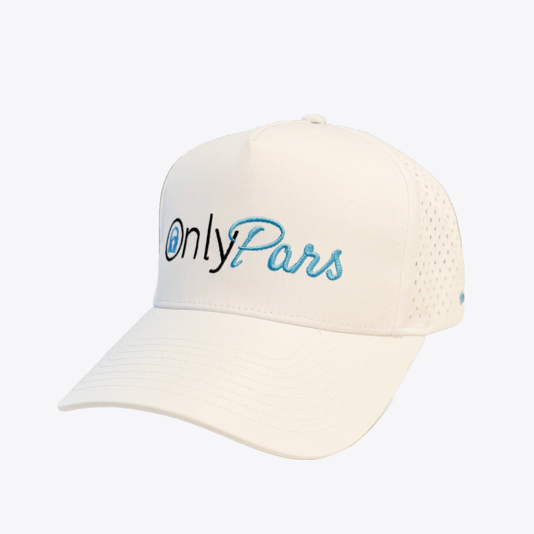 White golf hat with the phrase "Only Pars" embroidered on the front in a style mimicking the OnlyFans logo, featuring a mix of black and light blue lettering.