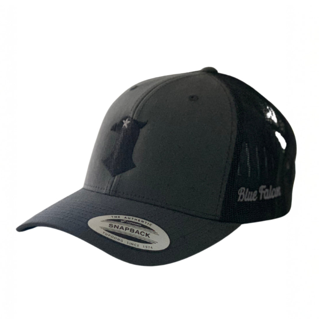 Black and gray trucker hat with a falcon logo on the front