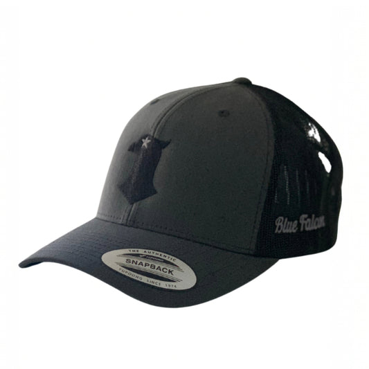 Black and gray trucker hat with a falcon logo on the front