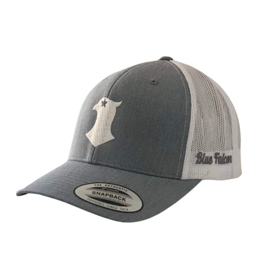 Gray and white trucker hat with a falcon logo on the front