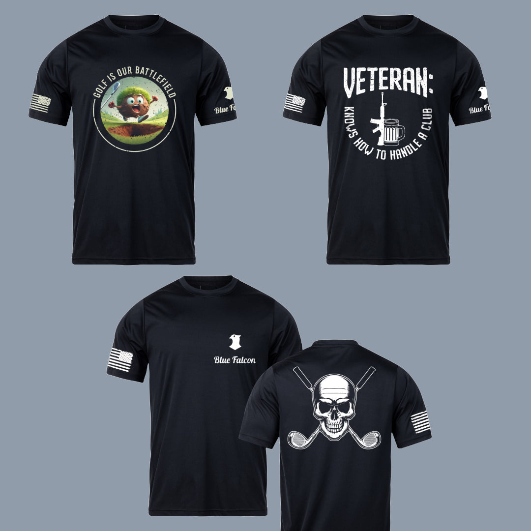 3 t-shirts displayed of a chunk of grass running from a golf club, a veteran shirt with a rifle and beer and a shirt with a skull and cross clubs 