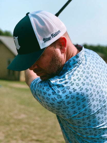 Light blue performance polo with helicopter and jet icon designs.