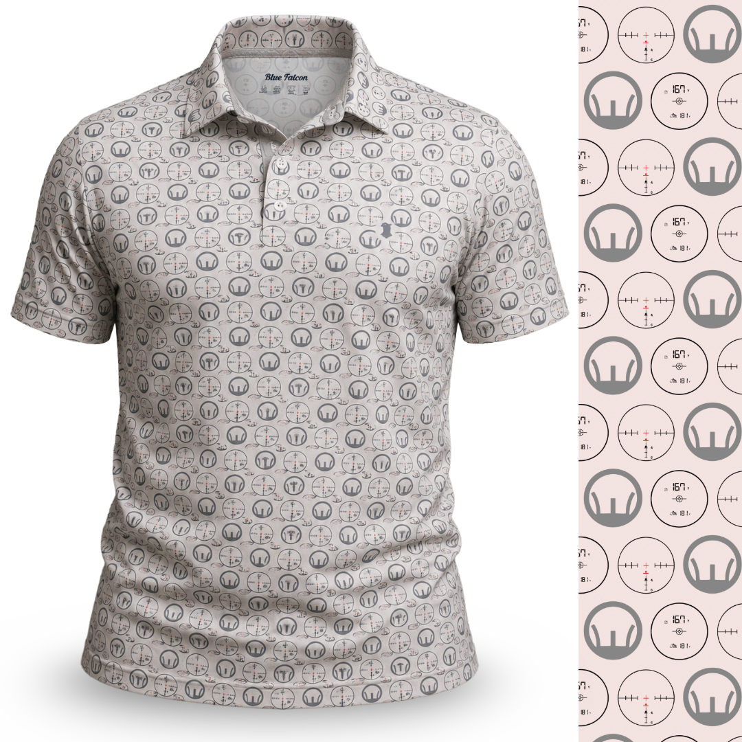Patterned polo shirt with a close-up of the pattern on a white background