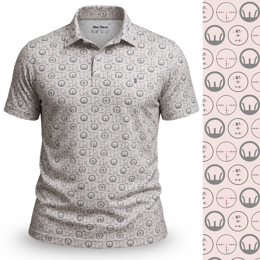 Patterned polo shirt with a close-up of the pattern on a white background