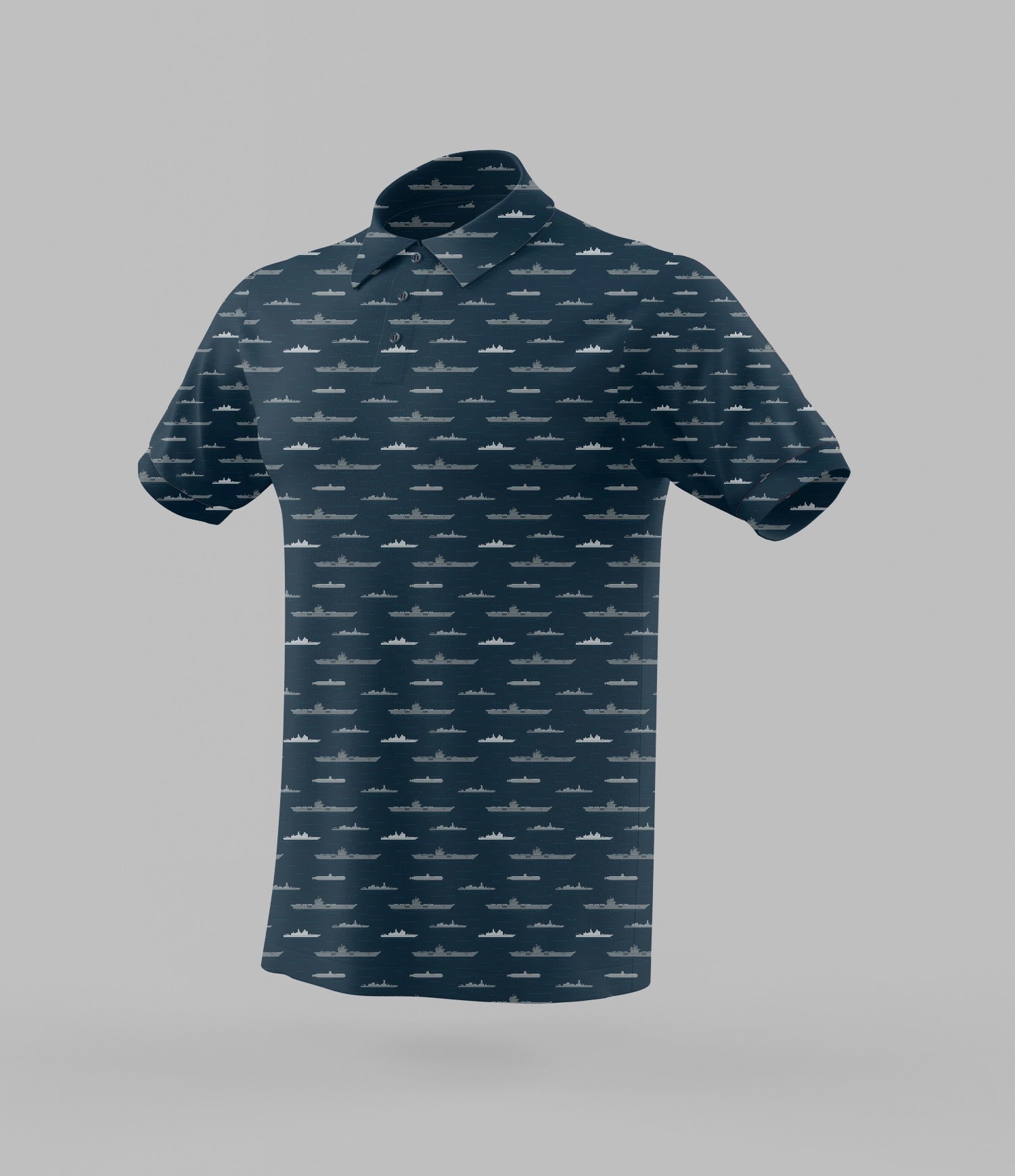 Blue performance polo shirt featuring subtle designs of ships and submarine motifs.