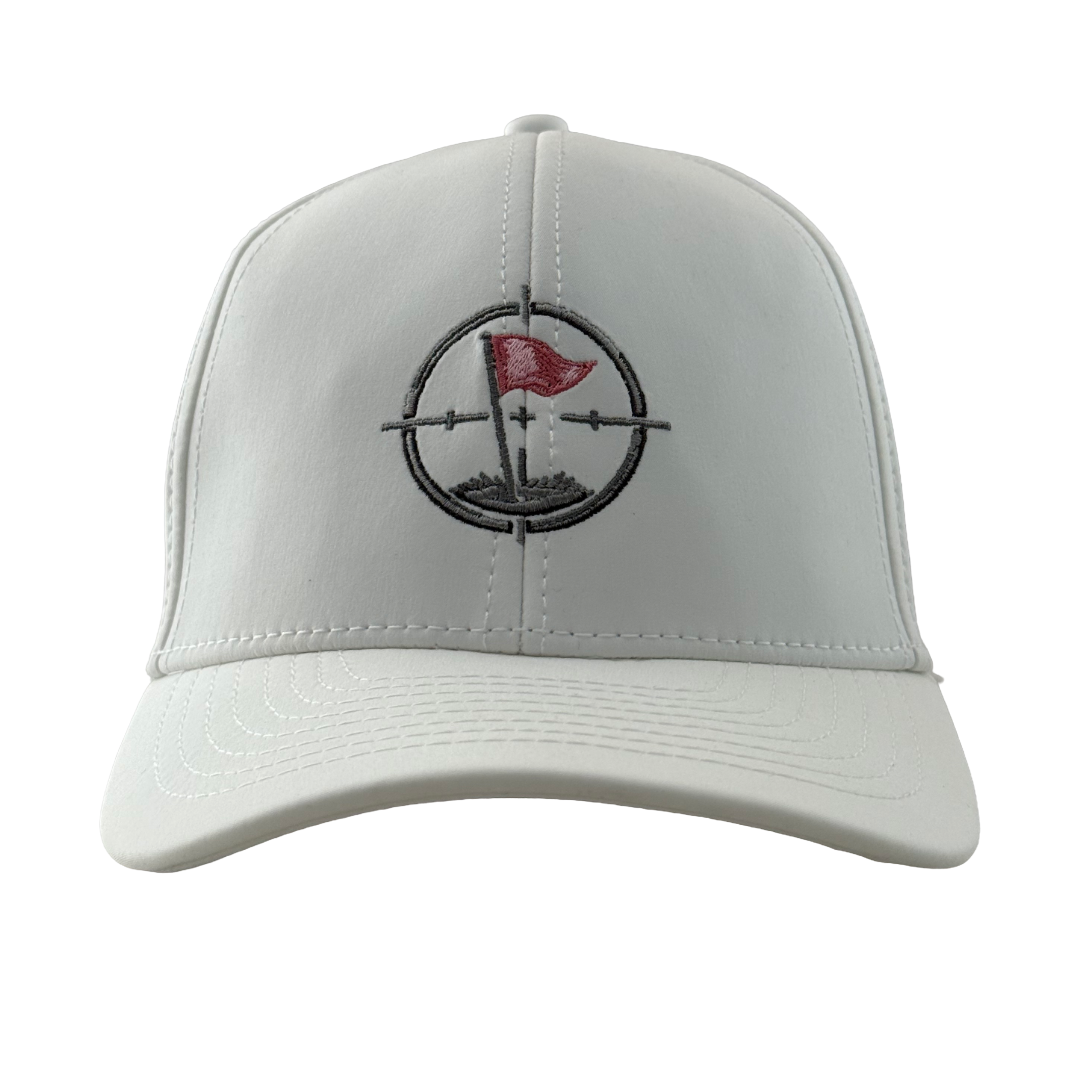Gray cap with embroidered design on a white background