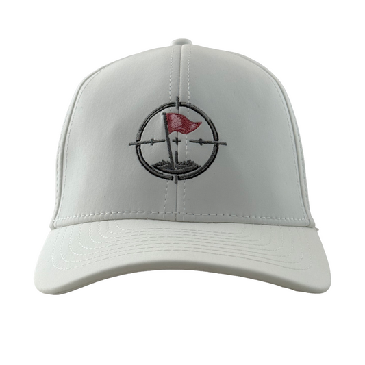 Gray cap with embroidered design on a white background