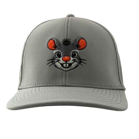 Gray cap with a mouse face design on a white background