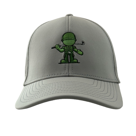 Gray cap with a green embroidered design on a white background