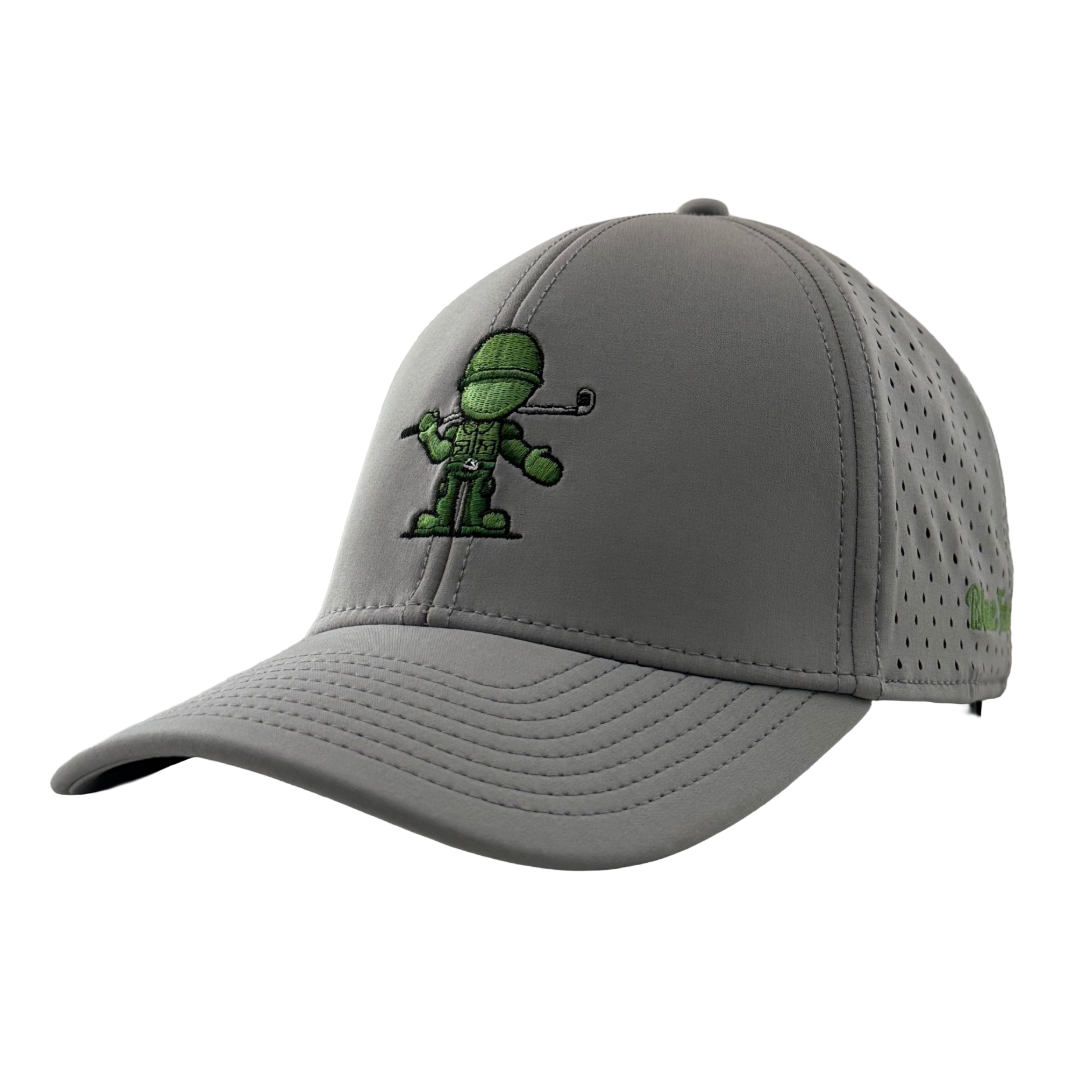 Gray cap with a green embroidered design on a white background