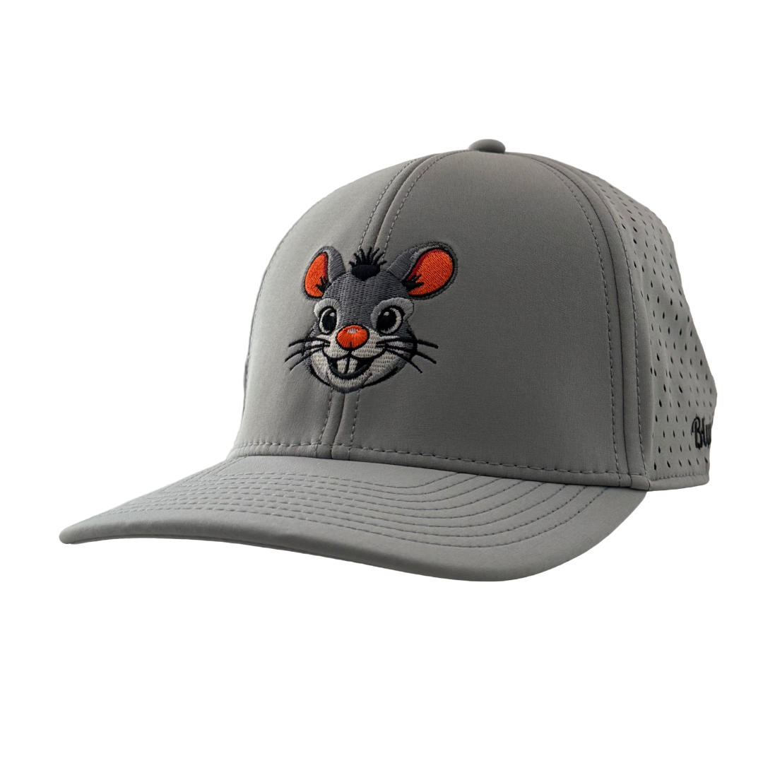 Gray cap with a cartoon mouse design on a white background