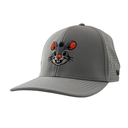 Gray cap with a cartoon mouse design on a white background