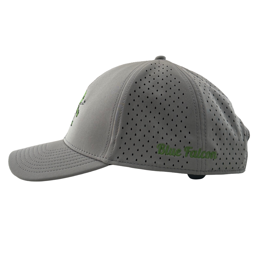 Gray cap with 'Blue Falcon' branding on a white background