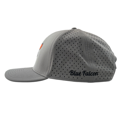 Gray cap with 'Blue Falcon' branding on a white background