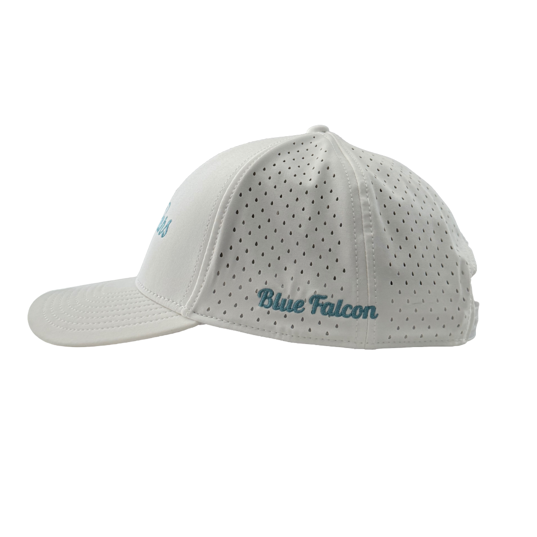 White cap with 'Blue Falcon' branding on a white background