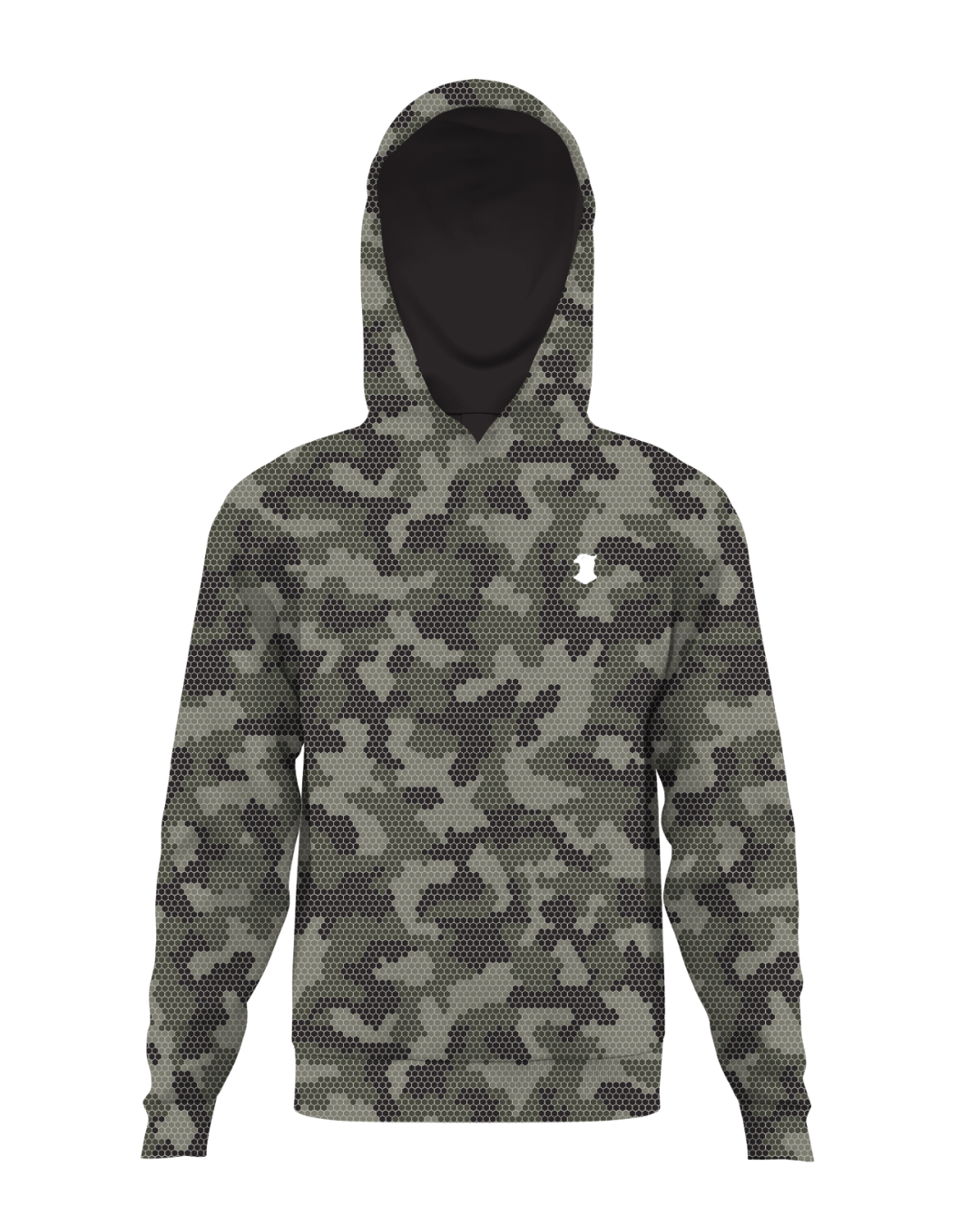Camouflage hoodie with a brand logo on a white background