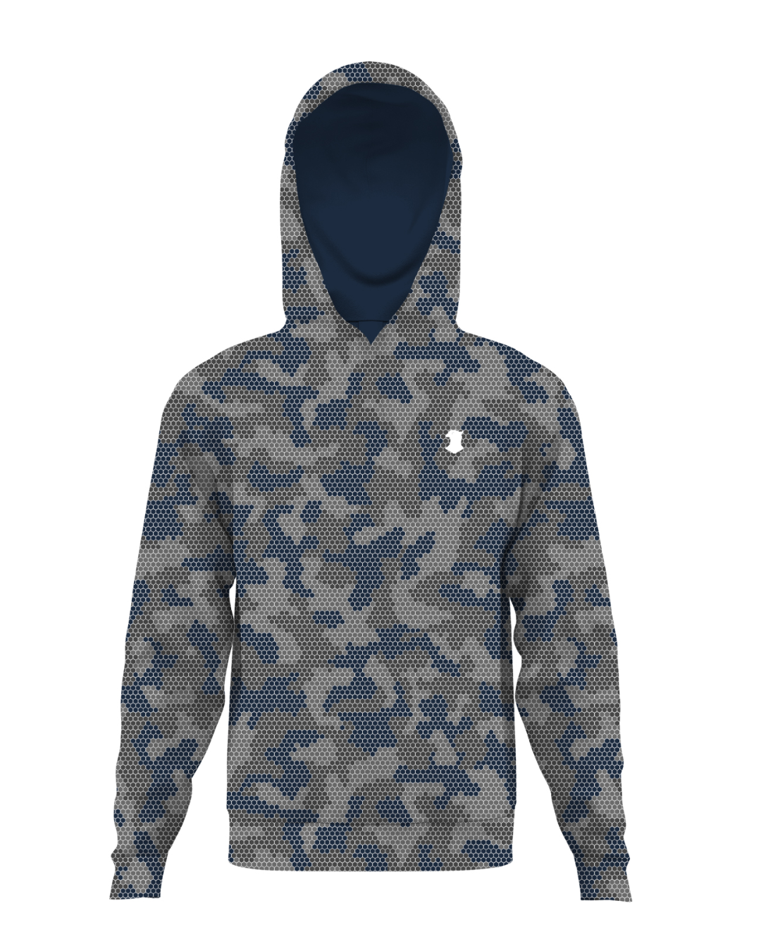Camouflage hoodie with a brand logo on a white background