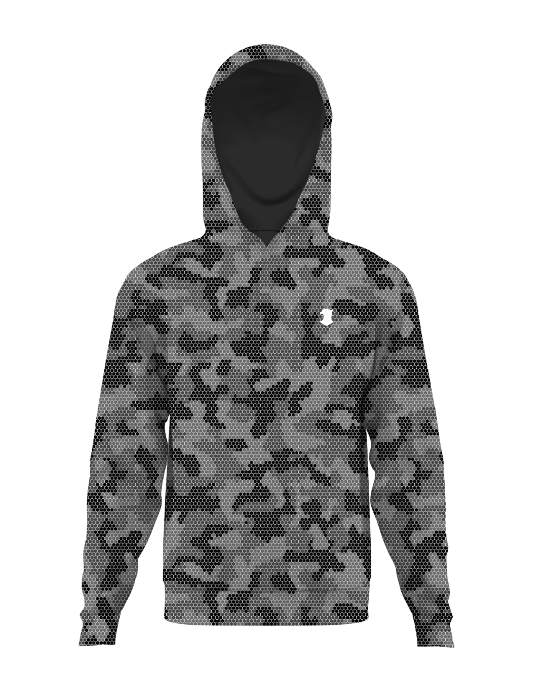 Camouflage hoodie with a brand logo on a white background