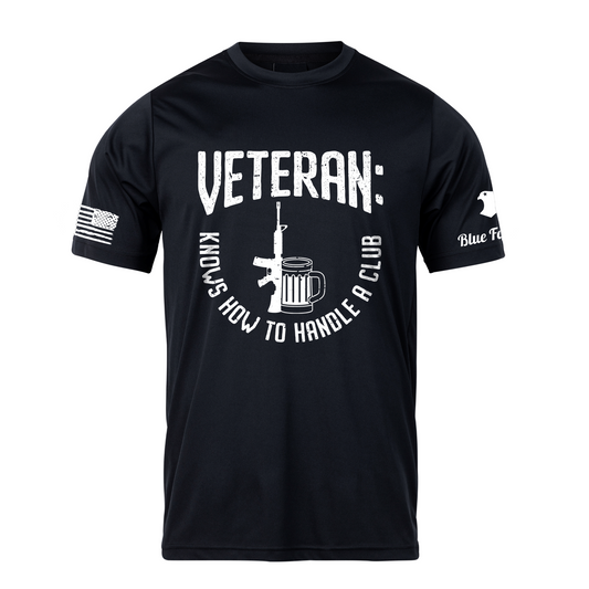 black t shirt with picture of a rifle and beer with writin saying "veteran, knows how to handle a club".