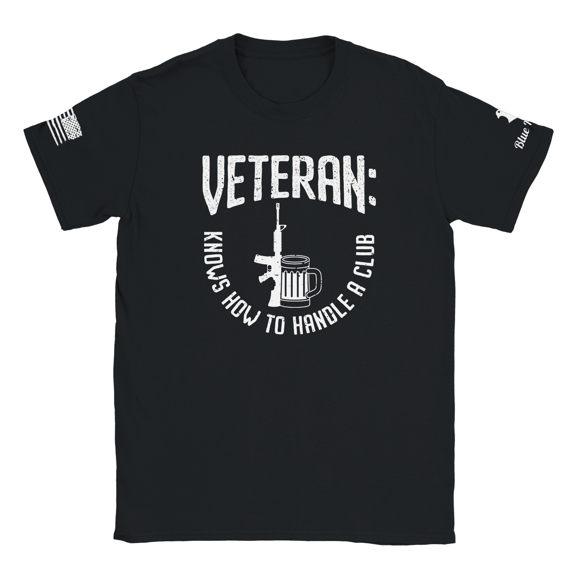 black t shirt with picture of a rifle and beer with writin saying "veteran, knows how to handle a club".