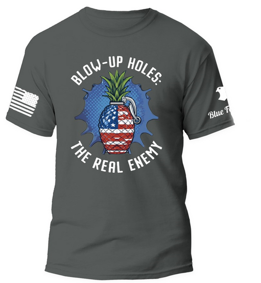 product picture of gray t shirt with pineapple grenade on front with wrtten text " blow up holes the real enemy"