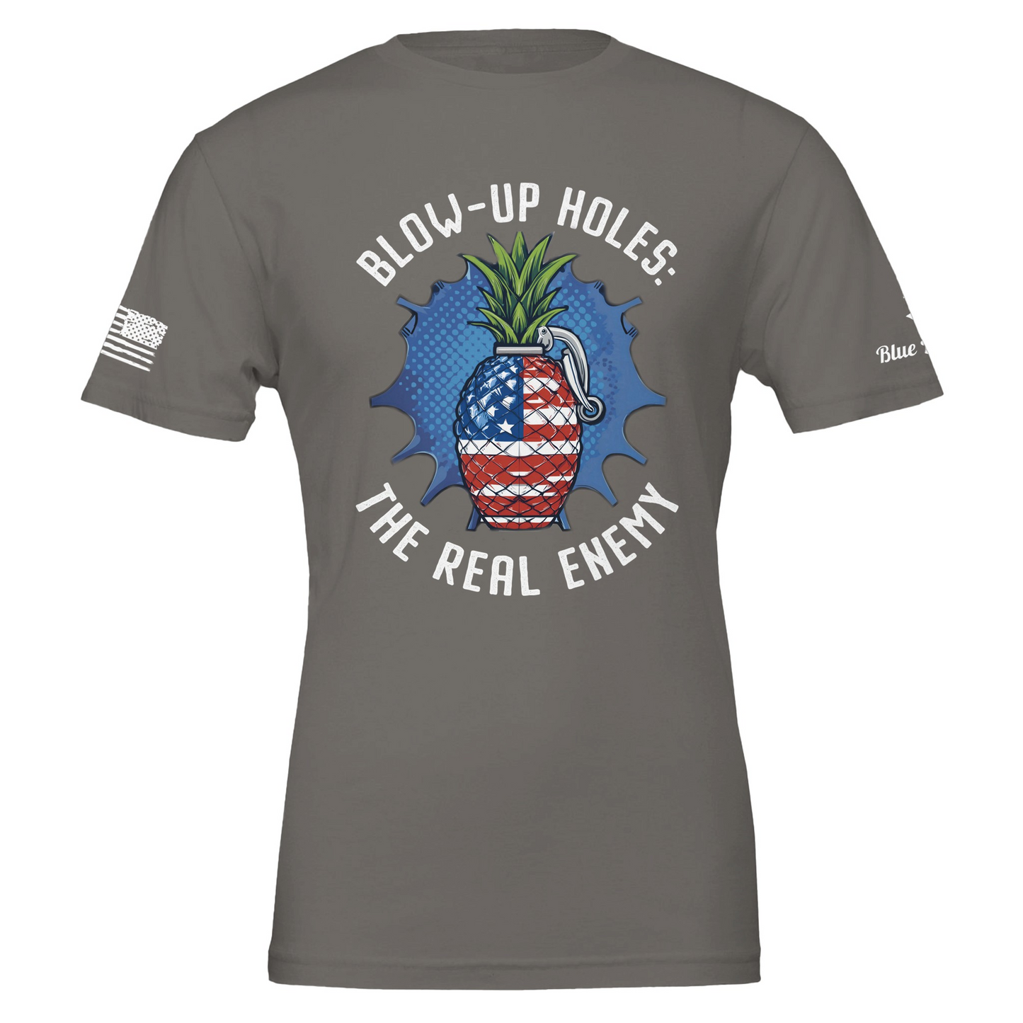 product picture of gray t shirt with pineapple grenade on front with wrtten text " blow up holes the real enemy"