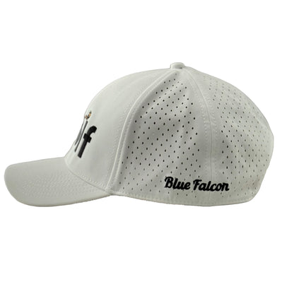 Side view of the "Birdie Bomber" hat displaying the stitching "Blue Falcon" in black on a white snapback hat. 