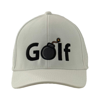 White snapback hat featuring the word "Golf" on the front in black stitching. It has a bomb in place of the letter "O". Up front, a clean four-letter word says it all. Let’s just say one of the letters packs a little extra punch.