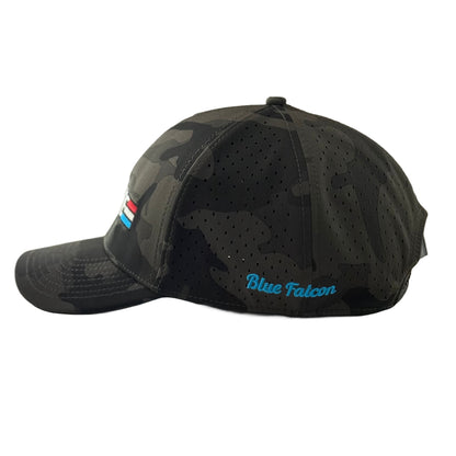 A snapback hat featuring a camouflage print with the word "Gimmie" on the front in a GI JOE style design. This is the side view displaying the Blue Falcon stitching in light blue.