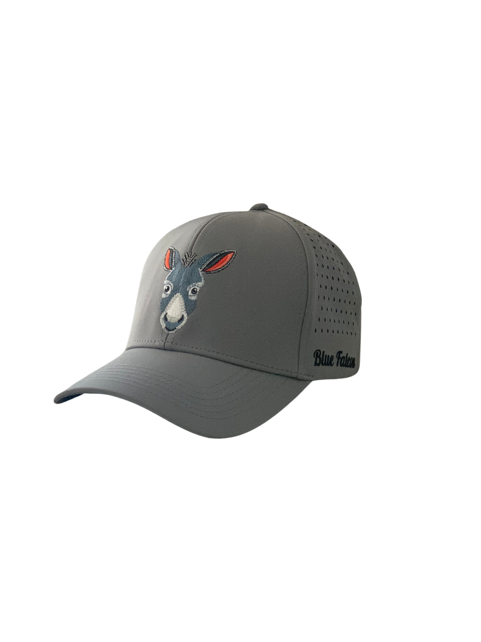 Gray performance hat with a cartoon donkey on the front and blue falcon written on the side. 