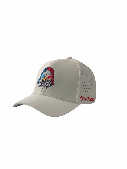 Product picture of a white performance hat with patriotic eagle on front and blue falcon written on the side. 