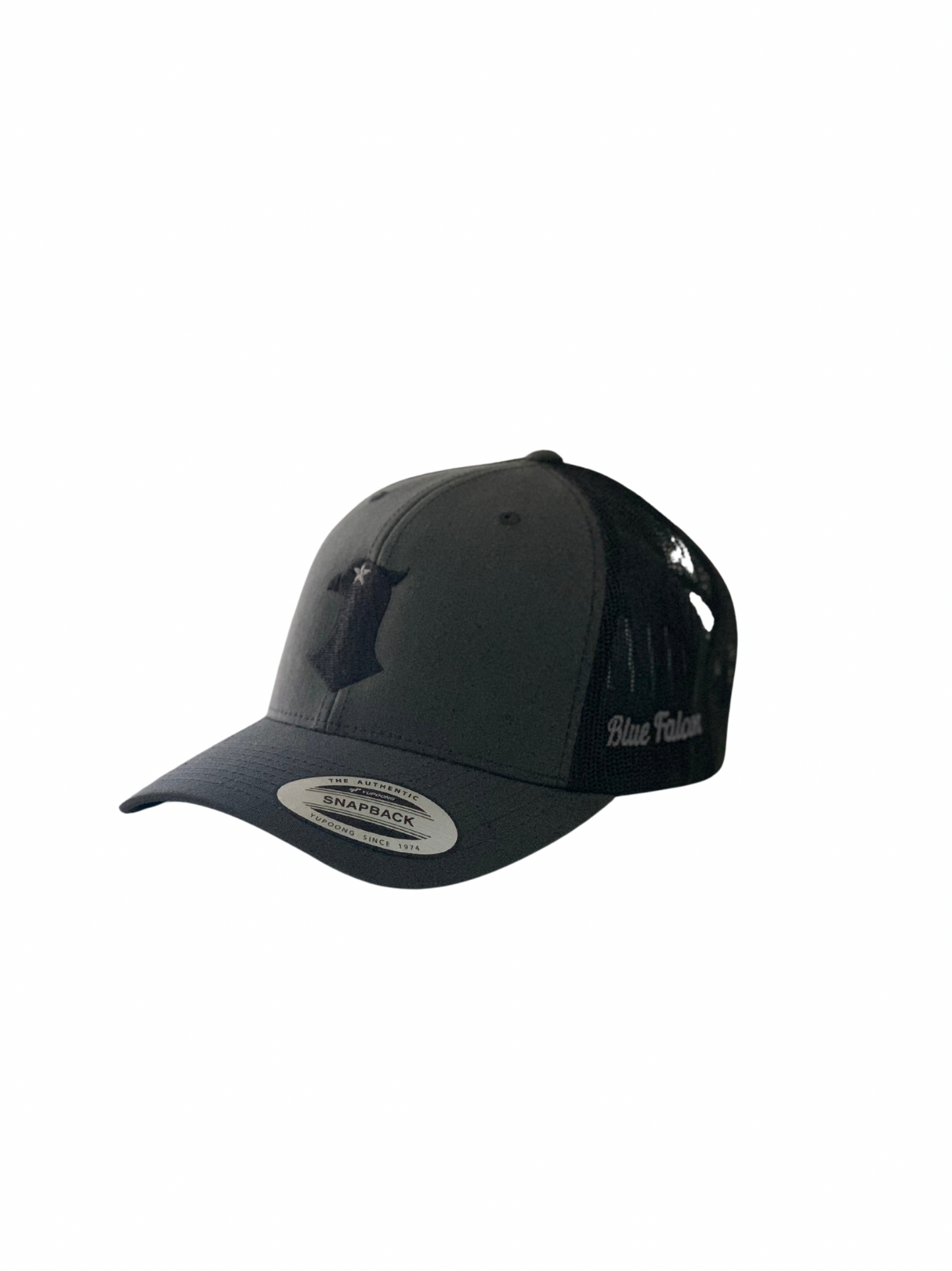 Product picture of a trucker hat with falcon logo and blue falcon written on the side.