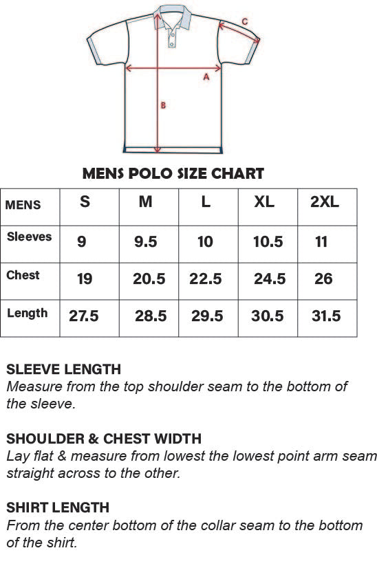 Picture of a men's polo size chart size small to 2XL