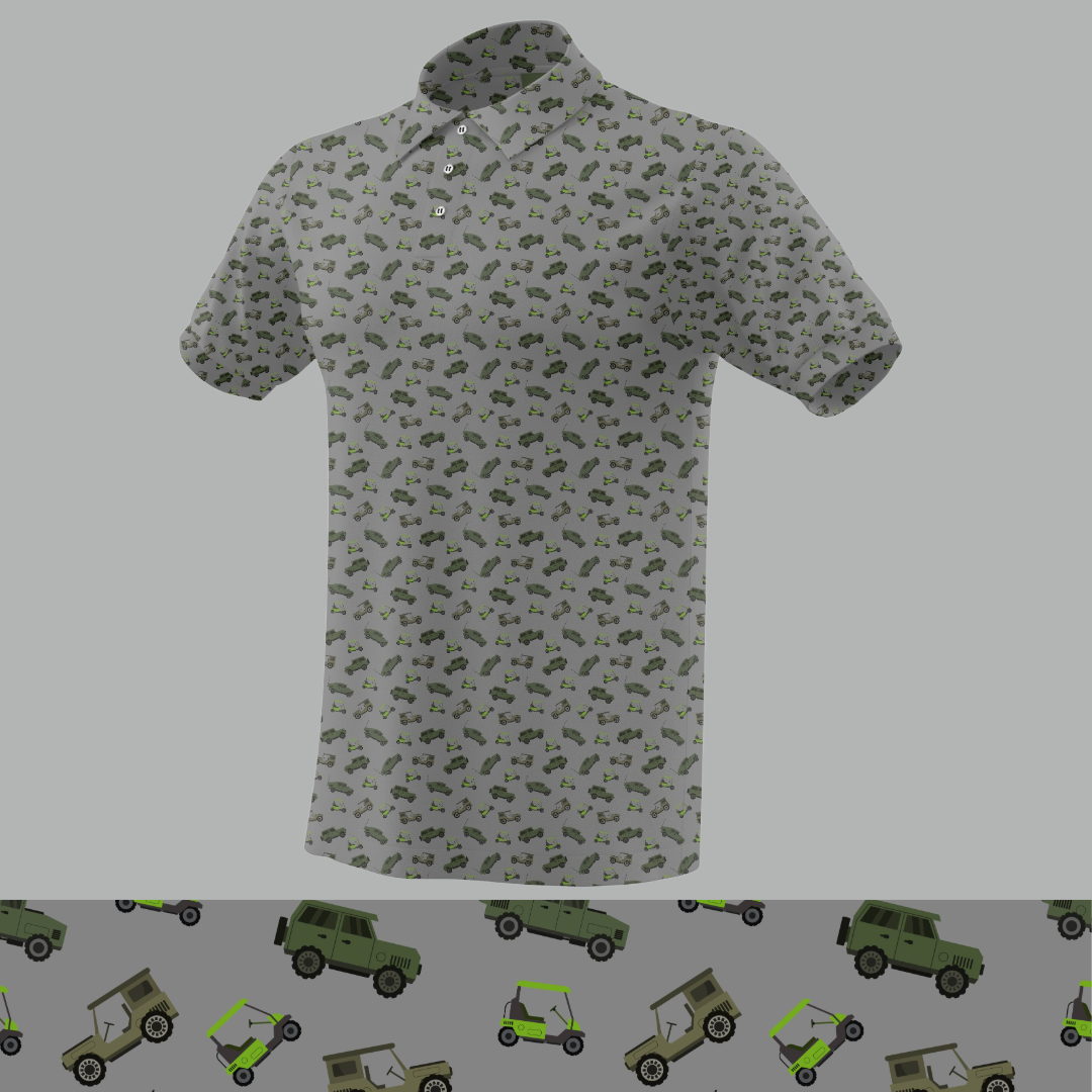 Golf polo featuring a playful all-over print of Jeeps, Humvees, and golf carts.