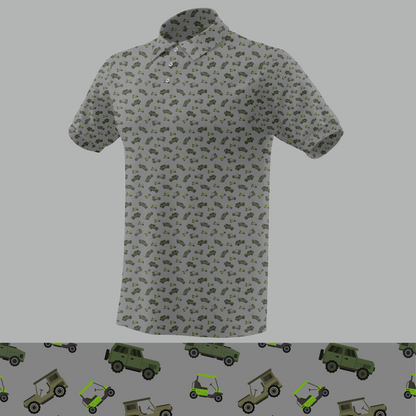Golf polo featuring a playful all-over print of Jeeps, Humvees, and golf carts.