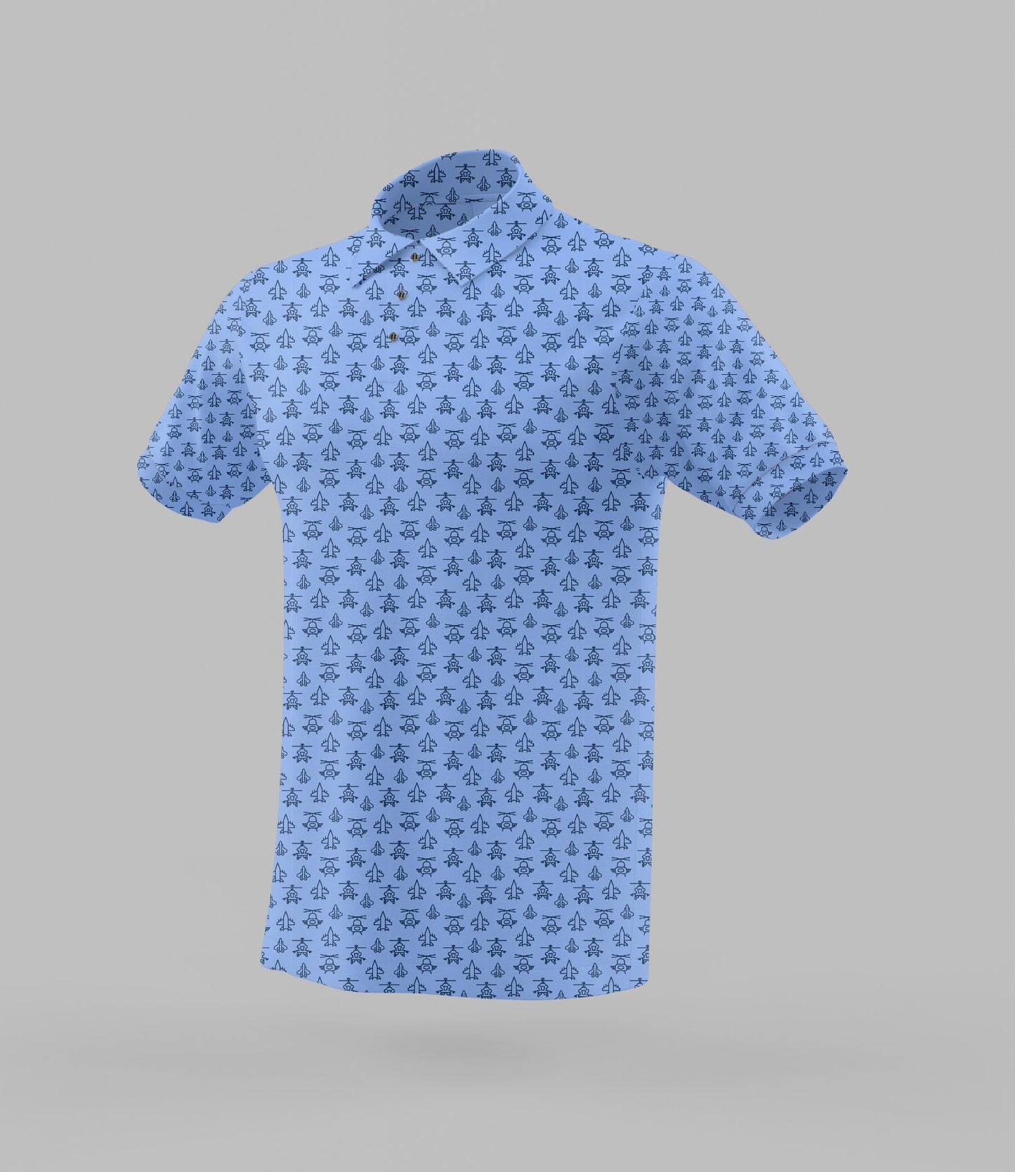 Light blue performance polo with helicopter and jet icon designs.