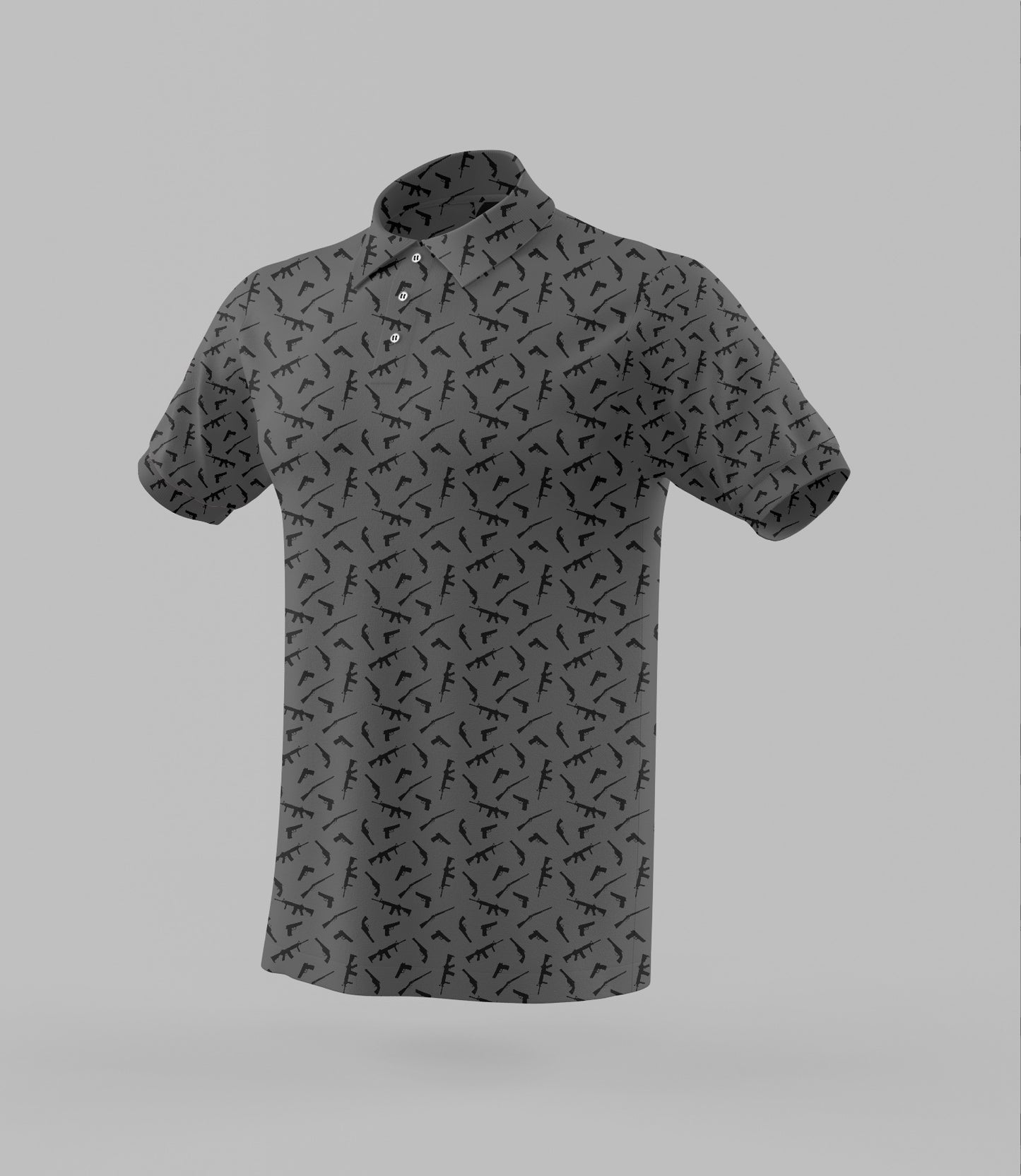 A dark gray performance polo featuring a variety of rifle and pistol icon designs in various sizes and placements.