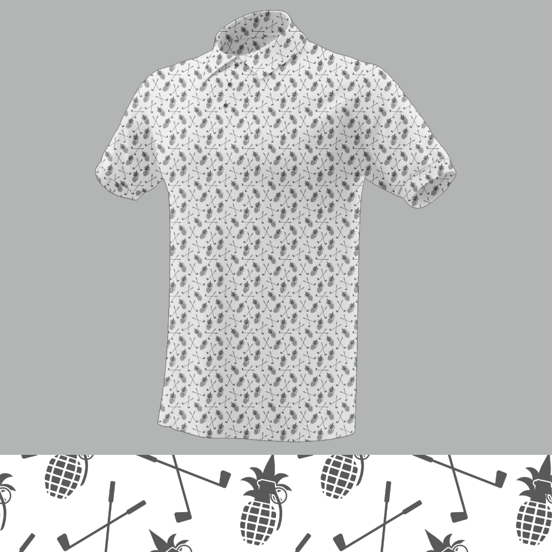 Golf polo featuring an all-over print of pineapple grenades and crossed golf clubs.