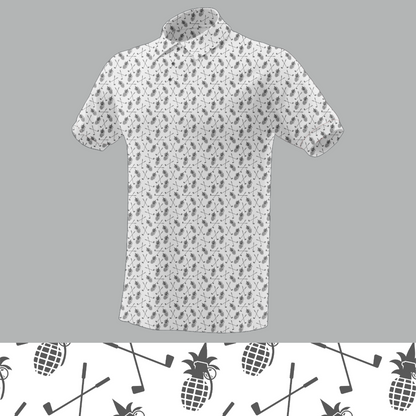 Golf polo featuring an all-over print of pineapple grenades and crossed golf clubs.