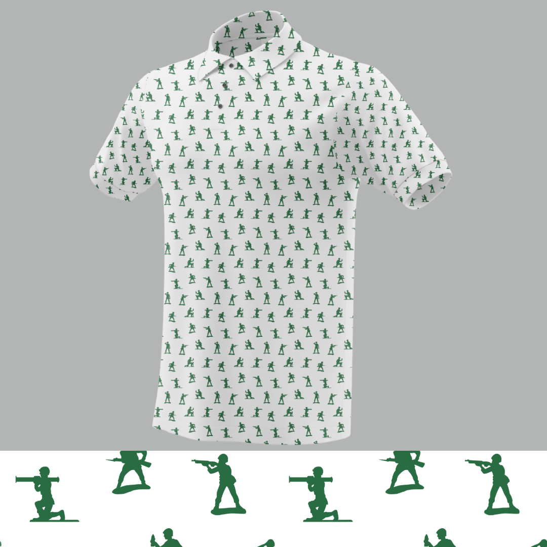 Golf polo inspired by the classic plastic army men we all grew up with, this polo brings childhood nostalgia to the frontlines of modern golf style.