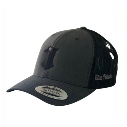 Black and gray trucker hat with a falcon logo on the front 