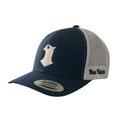 Blue and white trucker hat with a falcon logo on front