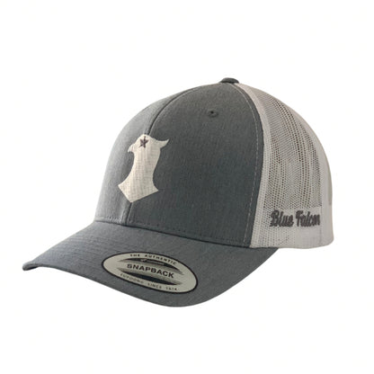 Gray and white trucker hat with a falcon logo on the front