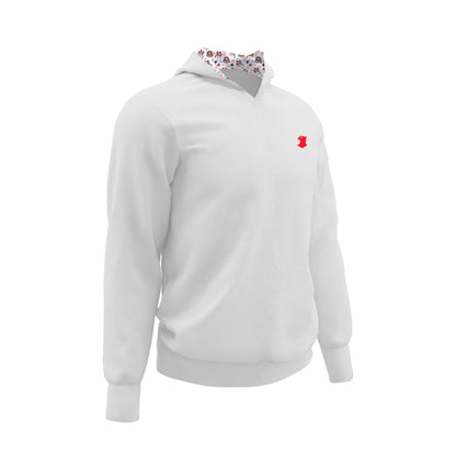 product picture of a white performance hoodie featuring patriotic red, white, and blue icon designs, perfect for celebrating the USA.